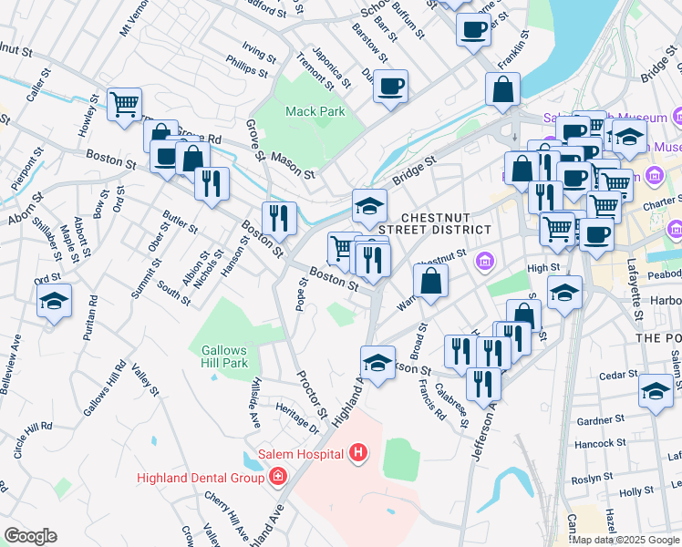 map of restaurants, bars, coffee shops, grocery stores, and more near 177-179 Federal Street in Salem