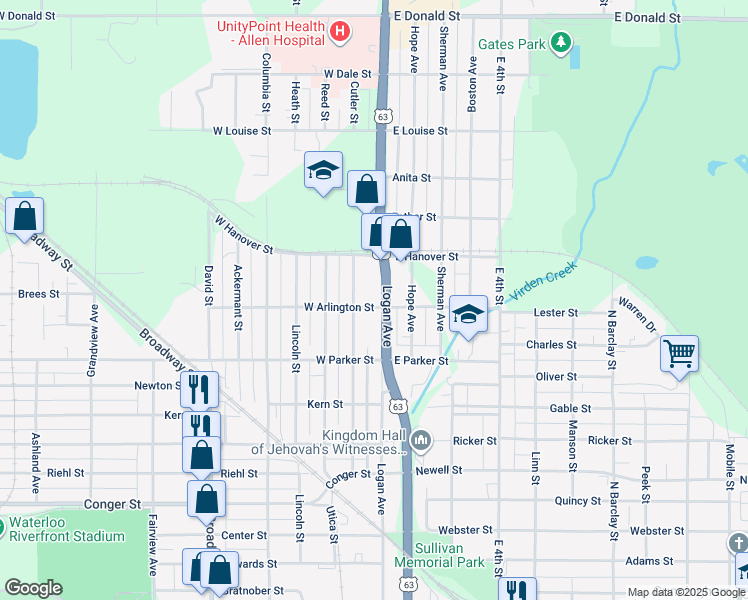 map of restaurants, bars, coffee shops, grocery stores, and more near 516 Cutler Street in Waterloo