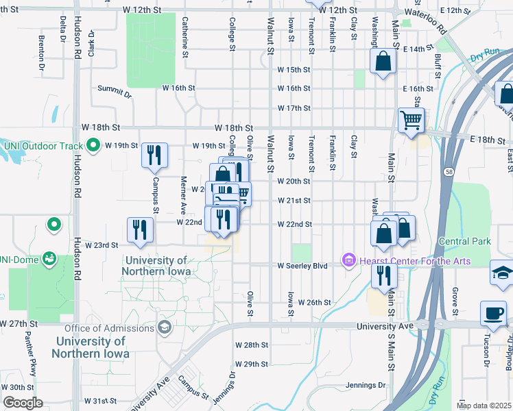 map of restaurants, bars, coffee shops, grocery stores, and more near 709 West 21st Street in Cedar Falls