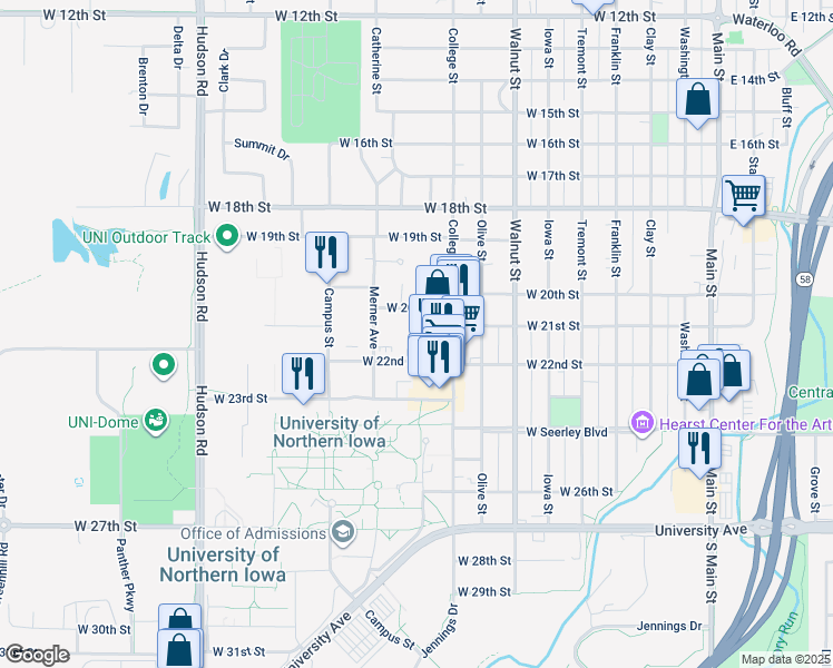 map of restaurants, bars, coffee shops, grocery stores, and more near 2025 College Street in Cedar Falls