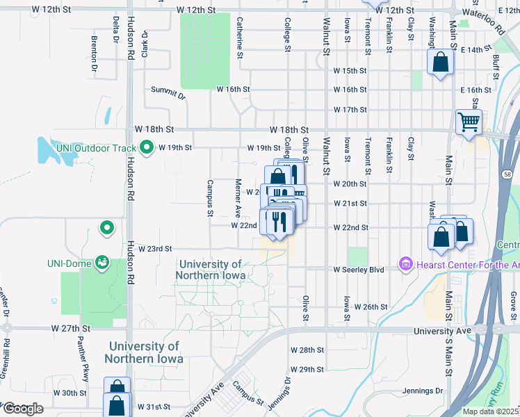 map of restaurants, bars, coffee shops, grocery stores, and more near 2025 College Street in Cedar Falls