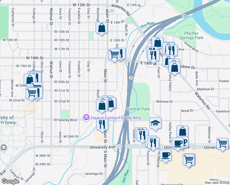 map of restaurants, bars, coffee shops, grocery stores, and more near 127 East 21st Street in Cedar Falls