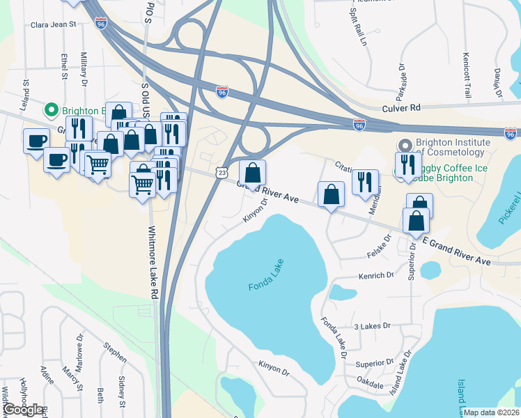 map of restaurants, bars, coffee shops, grocery stores, and more near 5805 Kinyon Drive in Brighton