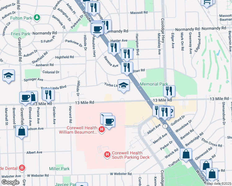 map of restaurants, bars, coffee shops, grocery stores, and more near 3500 West 13 Mile Road in Royal Oak
