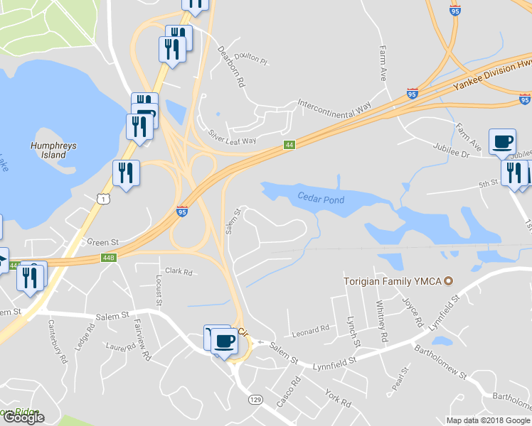map of restaurants, bars, coffee shops, grocery stores, and more near 1200 Salem Street in Peabody