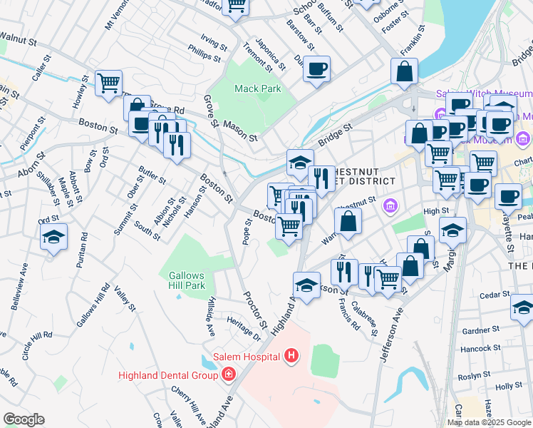 map of restaurants, bars, coffee shops, grocery stores, and more near 36 Boston Street in Salem
