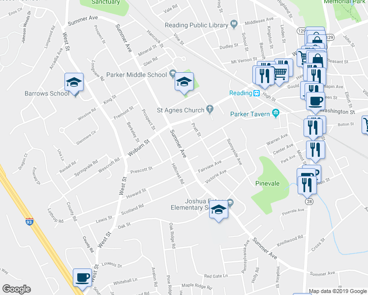 map of restaurants, bars, coffee shops, grocery stores, and more near 123 Prescott Street in Reading