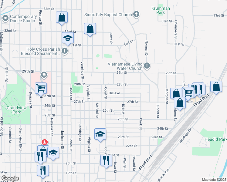 map of restaurants, bars, coffee shops, grocery stores, and more near 1200 1/2 28th Street in Sioux City