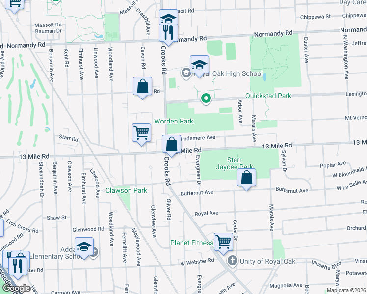 map of restaurants, bars, coffee shops, grocery stores, and more near 1502 West 13 Mile Road in Royal Oak