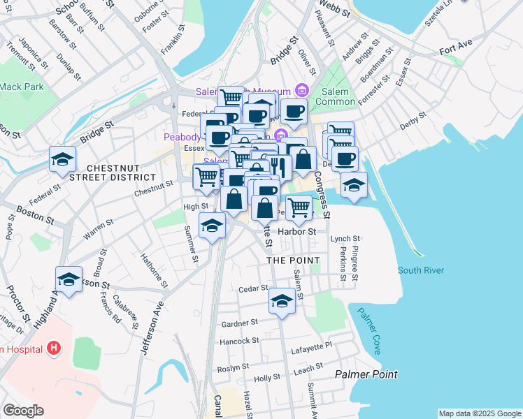 map of restaurants, bars, coffee shops, grocery stores, and more near 89 Lafayette Street in Salem