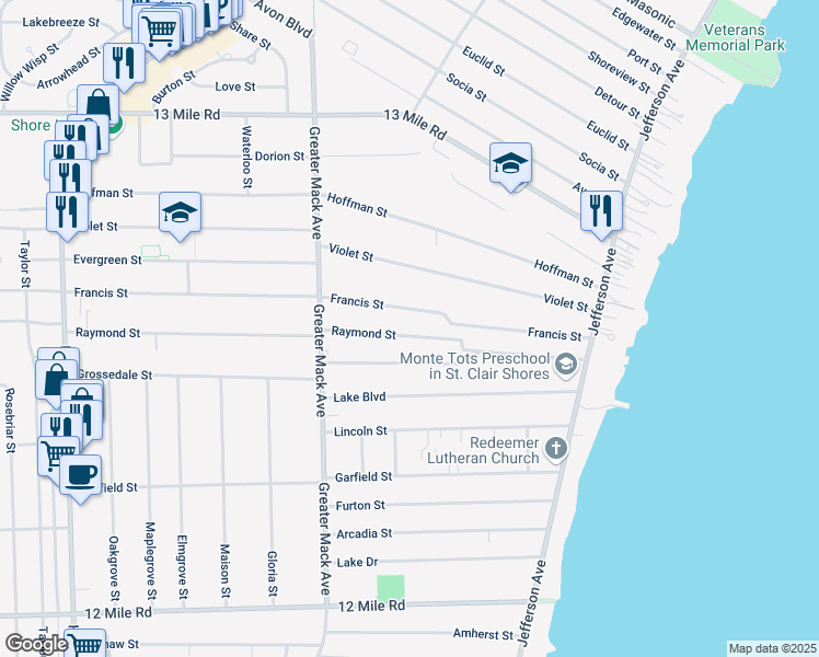 map of restaurants, bars, coffee shops, grocery stores, and more near 22606 Francis Street in St. Clair Shores