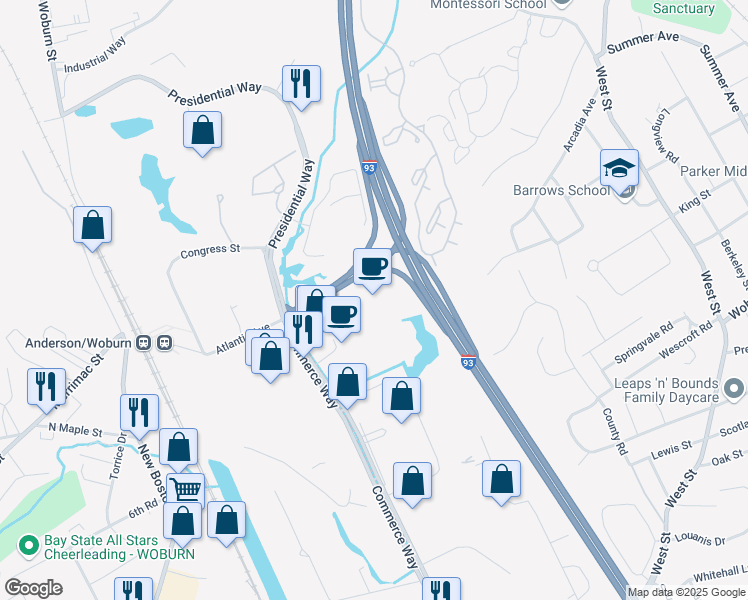 map of restaurants, bars, coffee shops, grocery stores, and more near 101 Commerce Way in Woburn