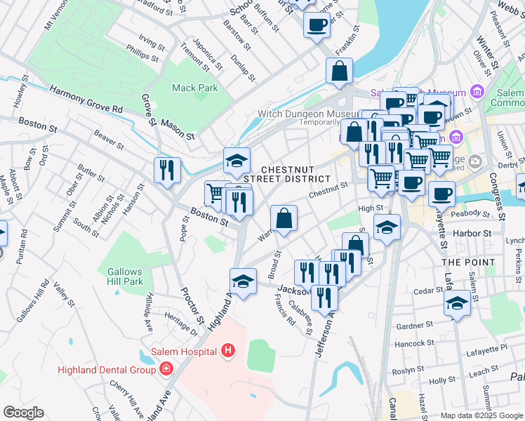 map of restaurants, bars, coffee shops, grocery stores, and more near 48 Chestnut Street in Salem