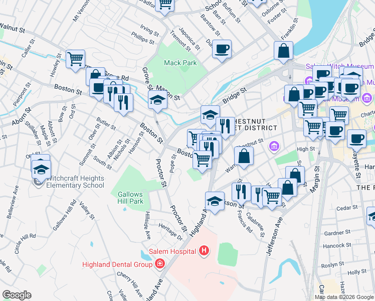 map of restaurants, bars, coffee shops, grocery stores, and more near 192 Federal Street in Salem