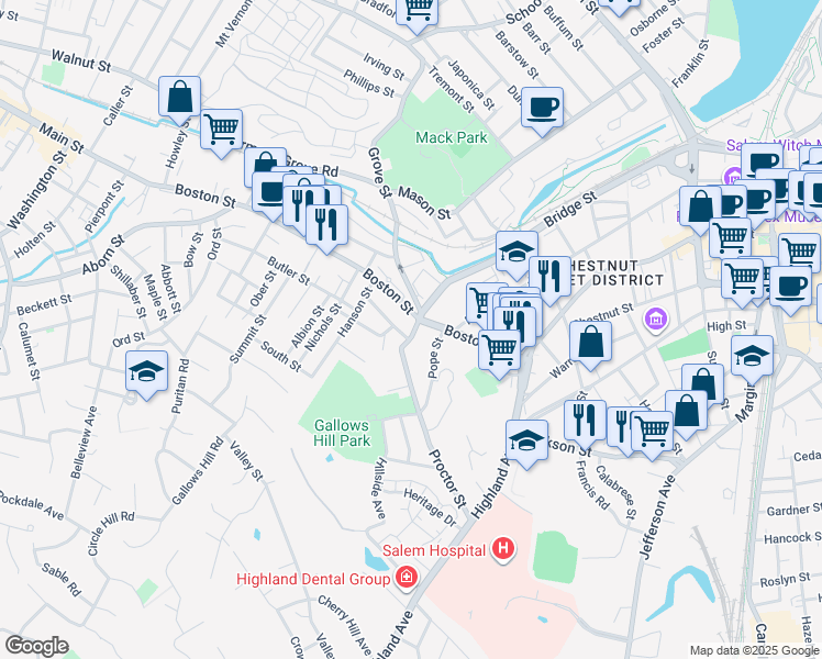 map of restaurants, bars, coffee shops, grocery stores, and more near 63/1 Boston Street in Salem
