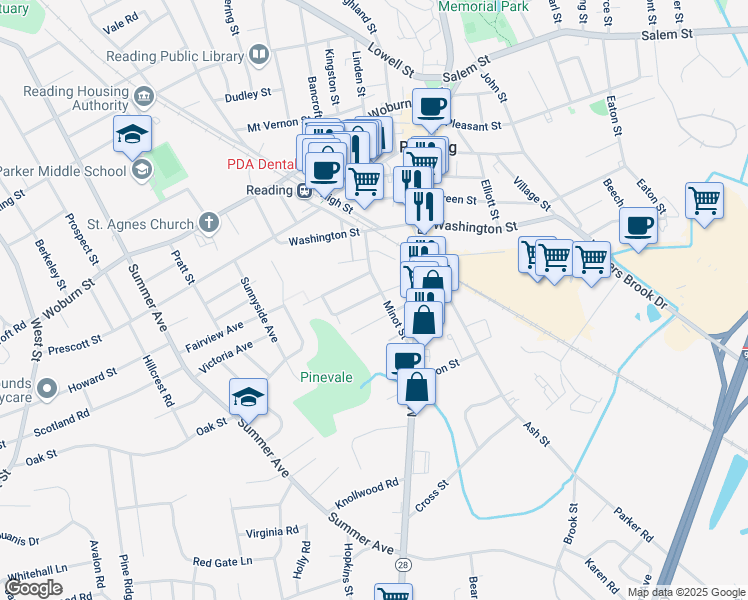 map of restaurants, bars, coffee shops, grocery stores, and more near 10 Warren Avenue in Reading