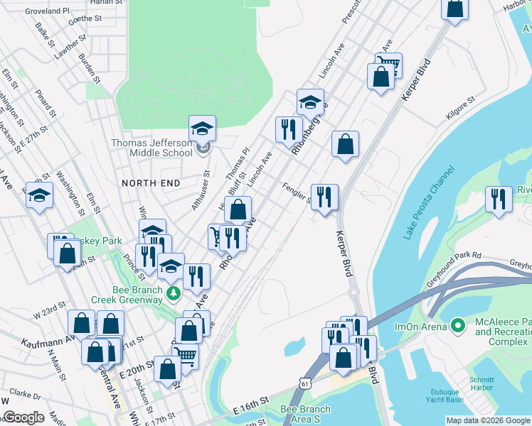 map of restaurants, bars, coffee shops, grocery stores, and more near 1019 Garfield Avenue in Dubuque