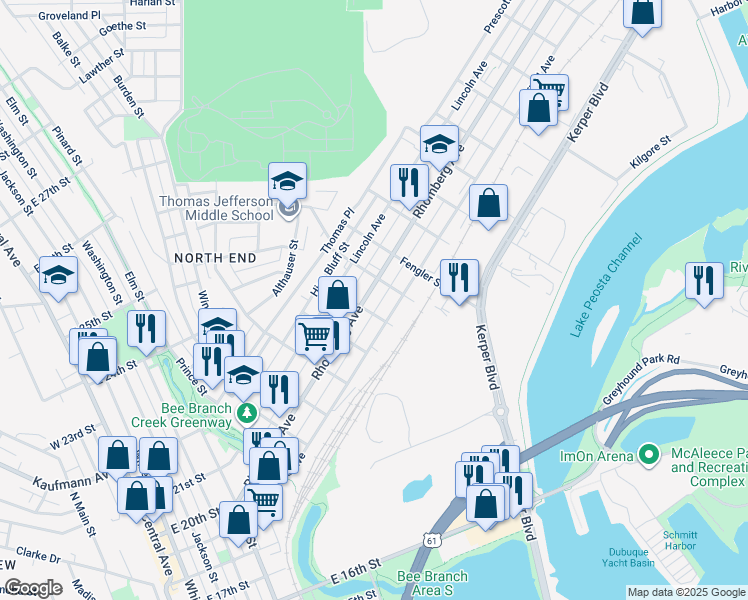 map of restaurants, bars, coffee shops, grocery stores, and more near 1019 Garfield Avenue in Dubuque