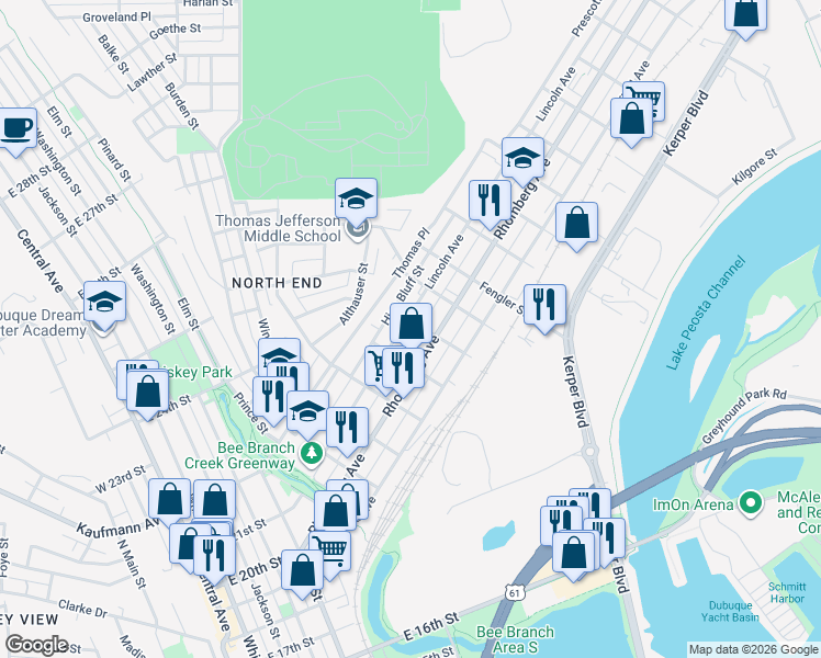 map of restaurants, bars, coffee shops, grocery stores, and more near 1004 Lincoln Avenue in Dubuque