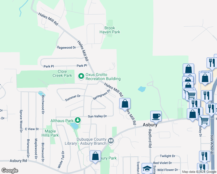 map of restaurants, bars, coffee shops, grocery stores, and more near 2950 Hales Mill Road in Asbury