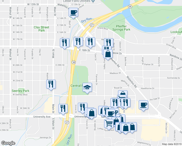 map of restaurants, bars, coffee shops, grocery stores, and more near 2110 Melrose Court in Cedar Falls