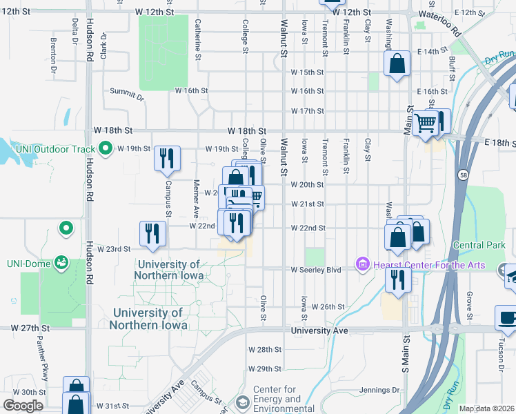 map of restaurants, bars, coffee shops, grocery stores, and more near 2022 College Street in Cedar Falls