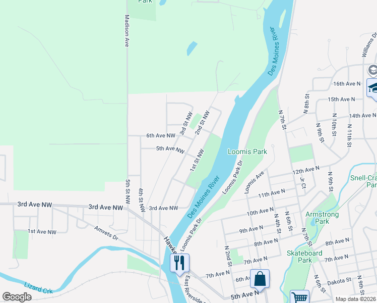 map of restaurants, bars, coffee shops, grocery stores, and more near 517 2nd Street Northwest in Fort Dodge