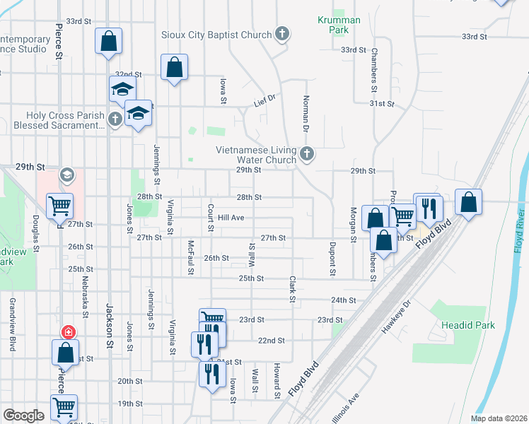 map of restaurants, bars, coffee shops, grocery stores, and more near 2776-2798 Wall St in Sioux City