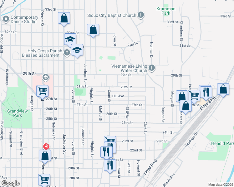 map of restaurants, bars, coffee shops, grocery stores, and more near 1200 1/2 28th Street in Sioux City