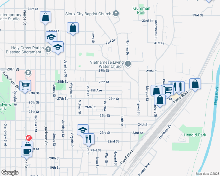 map of restaurants, bars, coffee shops, grocery stores, and more near 2776-2798 Wall St in Sioux City