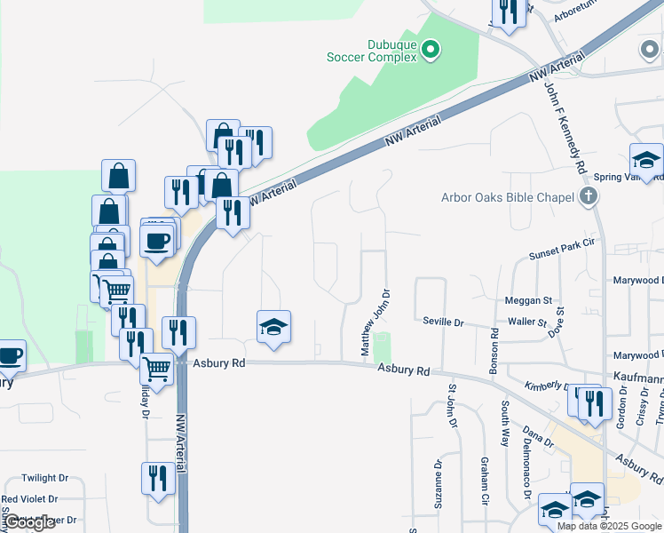 map of restaurants, bars, coffee shops, grocery stores, and more near 2493 Hilton Springs Drive in Dubuque