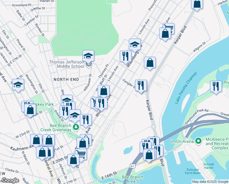 map of restaurants, bars, coffee shops, grocery stores, and more near 1019 Garfield Avenue in Dubuque