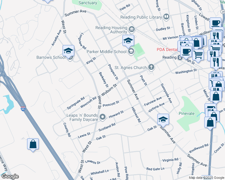 map of restaurants, bars, coffee shops, grocery stores, and more near 276 Woburn Street in Reading