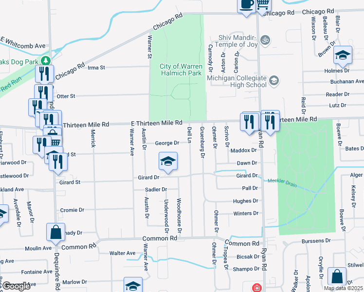 map of restaurants, bars, coffee shops, grocery stores, and more near 2924 George Drive in Warren