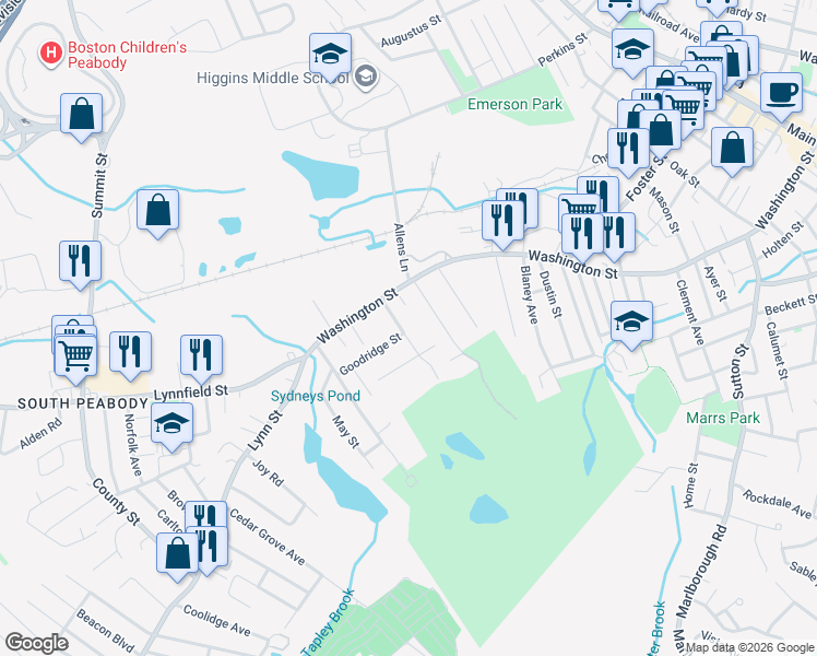 map of restaurants, bars, coffee shops, grocery stores, and more near 10 Hourihan Street in Peabody