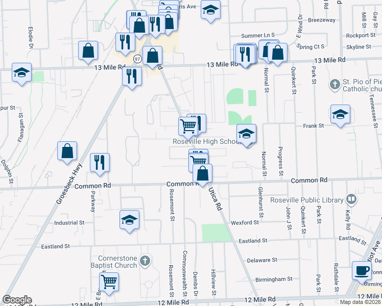 map of restaurants, bars, coffee shops, grocery stores, and more near 30252 Wedgewood cr in Roseville