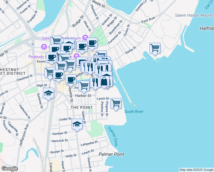 map of restaurants, bars, coffee shops, grocery stores, and more near 27 Congress Street in Salem