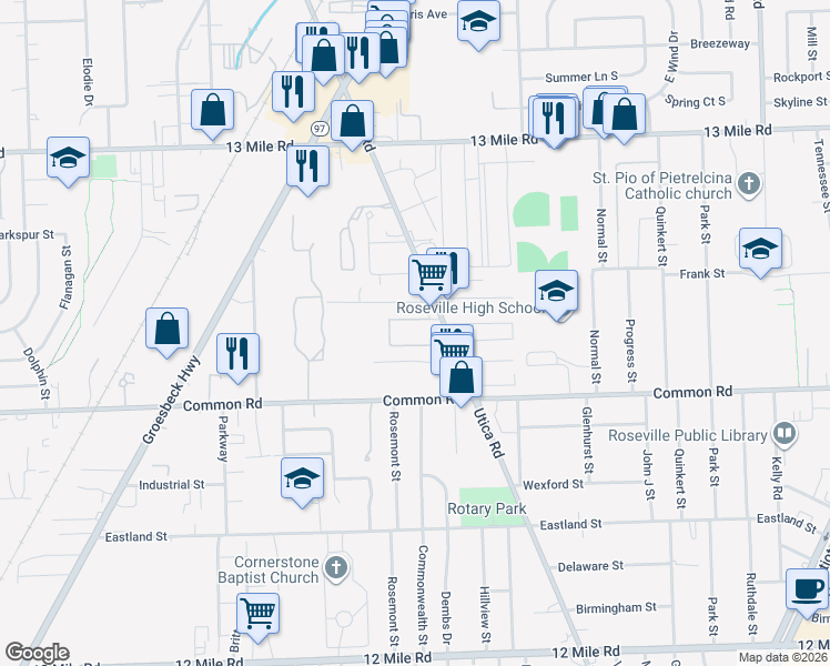 map of restaurants, bars, coffee shops, grocery stores, and more near 30209 Utica Road in Roseville