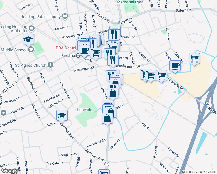 map of restaurants, bars, coffee shops, grocery stores, and more near 7 Edwin Street in Reading