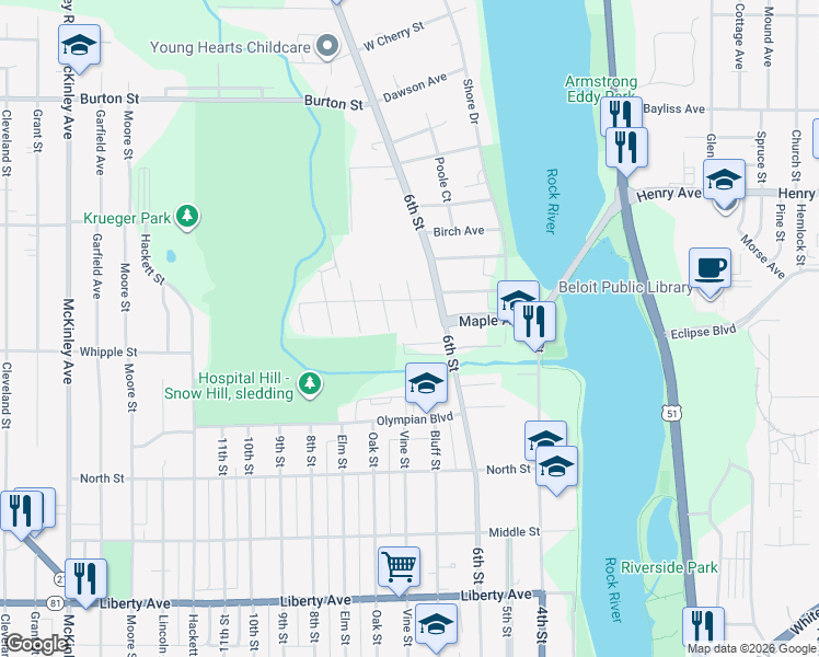 map of restaurants, bars, coffee shops, grocery stores, and more near 1520 Bluff Street in Beloit