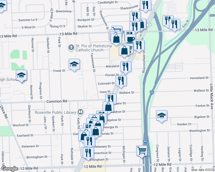 map of restaurants, bars, coffee shops, grocery stores, and more near 19135 Colorado Street in Roseville