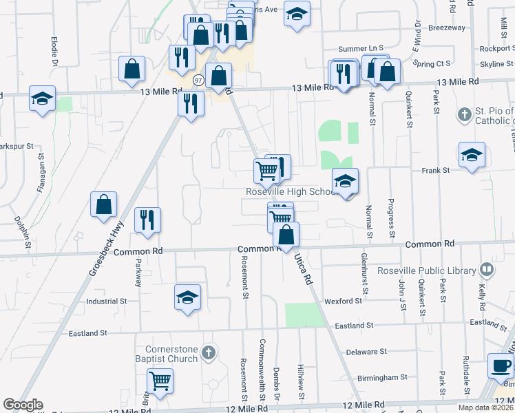 map of restaurants, bars, coffee shops, grocery stores, and more near 30209 Utica Road in Roseville