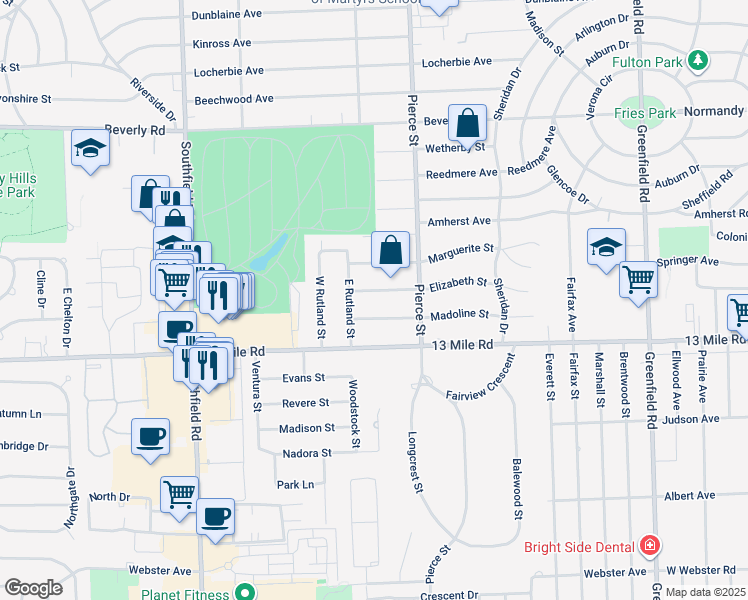map of restaurants, bars, coffee shops, grocery stores, and more near 17005 Elizabeth Street in Beverly Hills