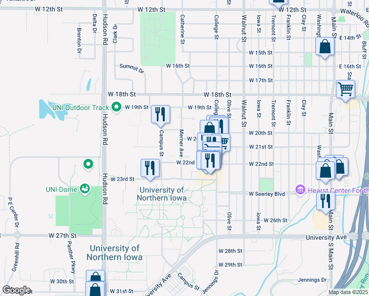map of restaurants, bars, coffee shops, grocery stores, and more near 2034 Merner Avenue in Cedar Falls