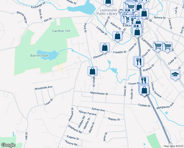 map of restaurants, bars, coffee shops, grocery stores, and more near 49 Colburn Street in Leominster