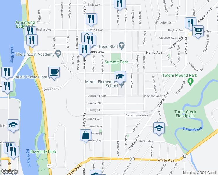 map of restaurants, bars, coffee shops, grocery stores, and more near 1628 Dewey Avenue in Beloit