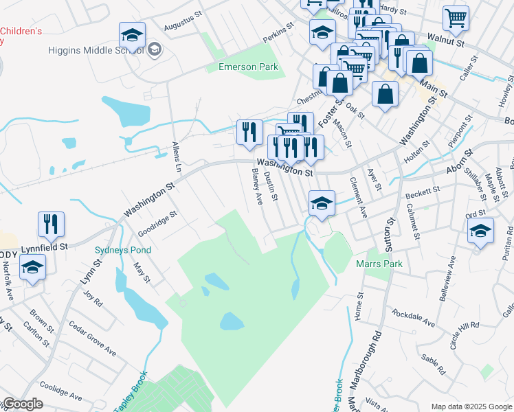 map of restaurants, bars, coffee shops, grocery stores, and more near 24 Dane Street in Peabody