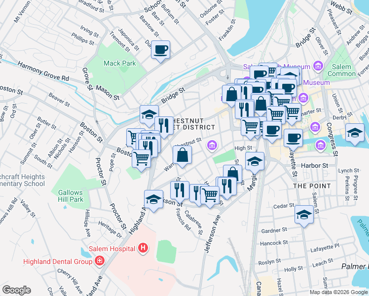 map of restaurants, bars, coffee shops, grocery stores, and more near 29 Chestnut Street in Salem