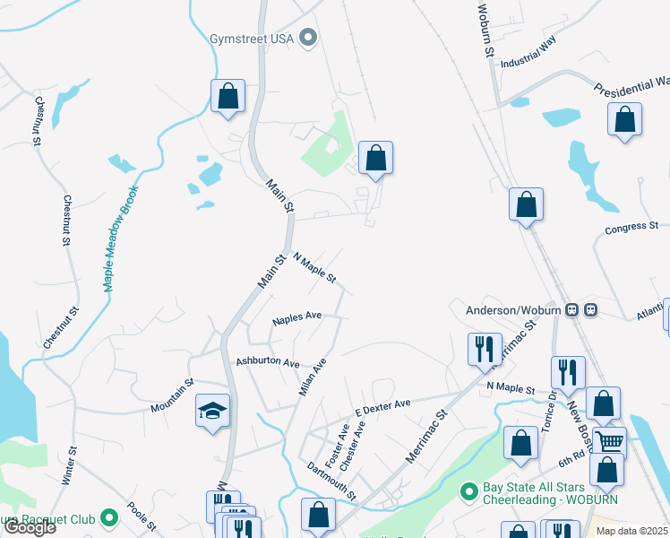 map of restaurants, bars, coffee shops, grocery stores, and more near 3 Virginia Avenue in Woburn