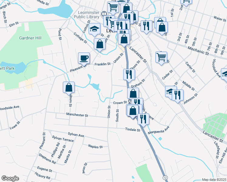 map of restaurants, bars, coffee shops, grocery stores, and more near 13 Graham Street in Leominster